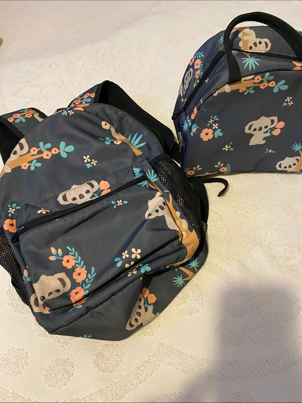 Kids Koala Print Backpack & Lunch Bag Set - Navy with Coral Accents